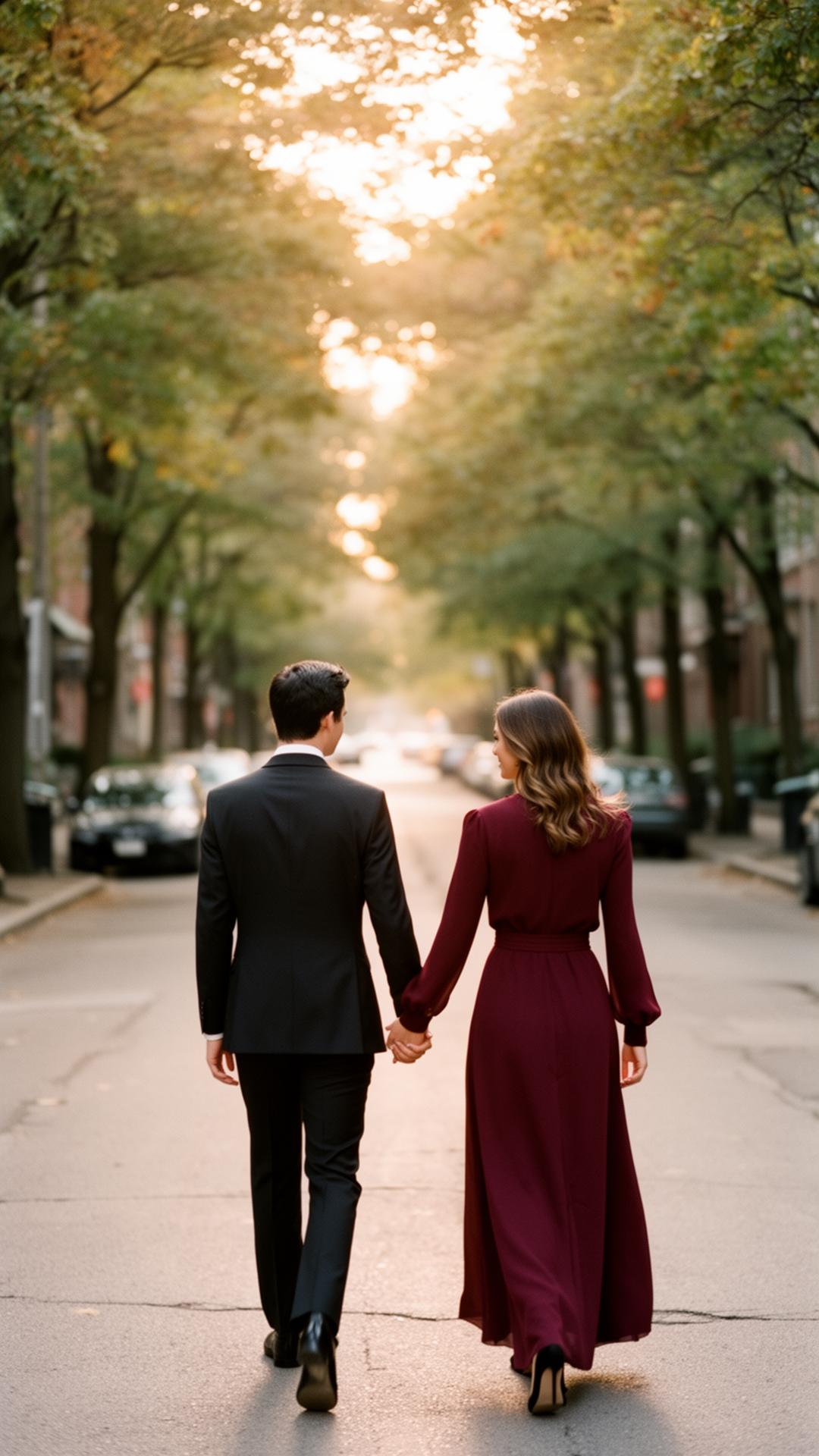 A couple walking hand in hand on a tree-lined Canadian street at golden hour
