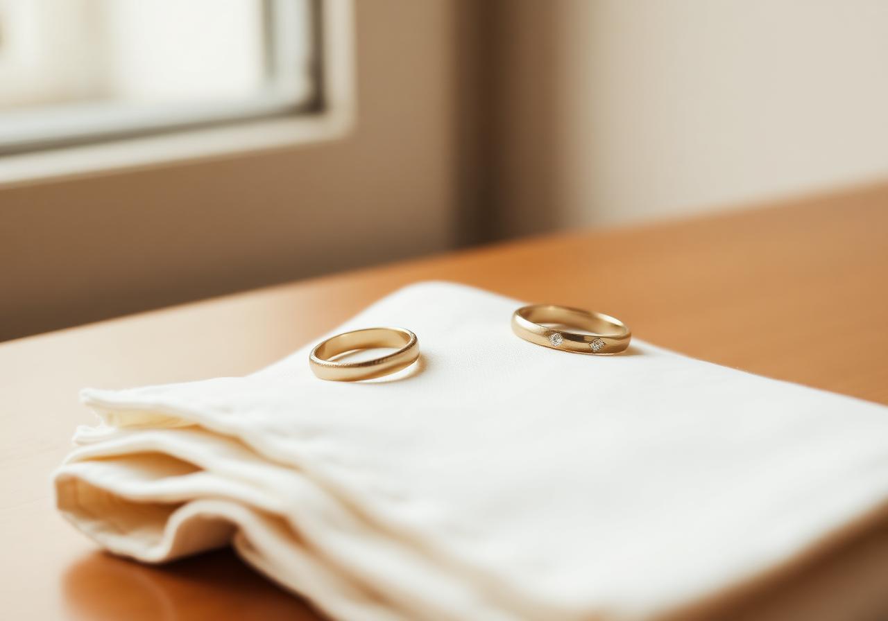 Two gold wedding bands resting on linen